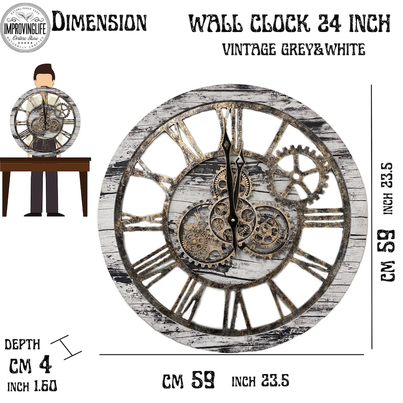 Wall Clock 24 Inches With Real Moving Gears Grey & White Etsy