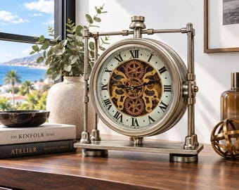 Luxembourg Line Desk clock 13 inches Round with real moving gears Silver Antique