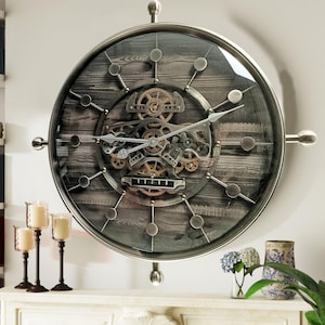Luxembourg Line Wall clock 27 inches with real moving gears Black Silver