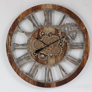 Wall clock 36 inches with real moving gears Vintage Brown