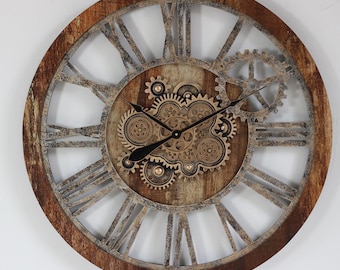 Wanduhr 36 Zoll mit echten Zahnrädern Vintage braun