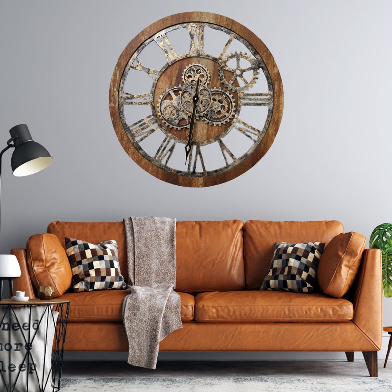 Wall clock 24 inches with real moving gears Vintage Brown zdjęcie 2