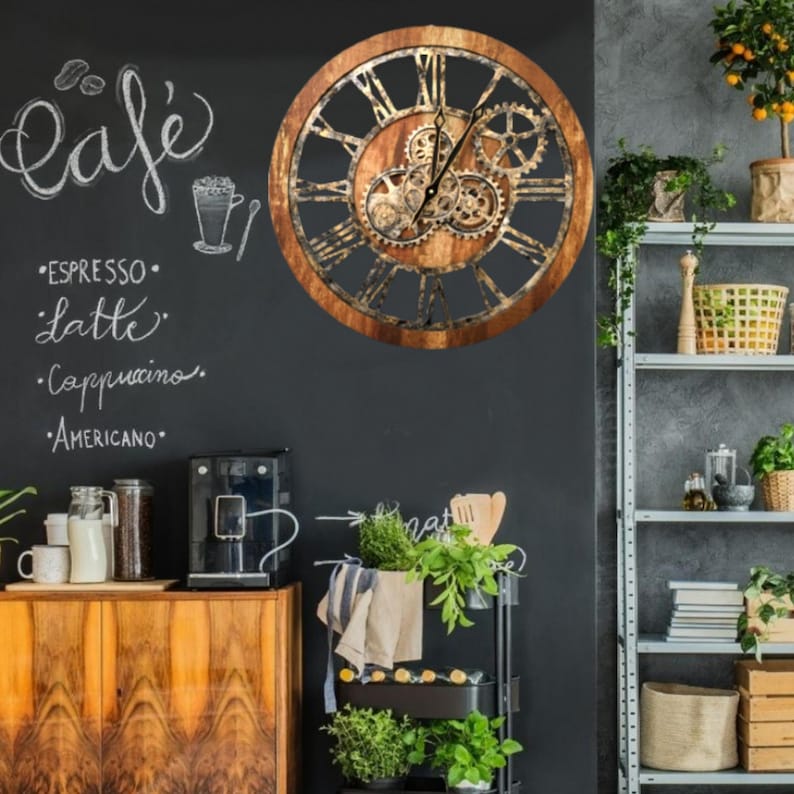 Wall Clock 24 Inches With Real Moving Gears Vintage Brown Etsy