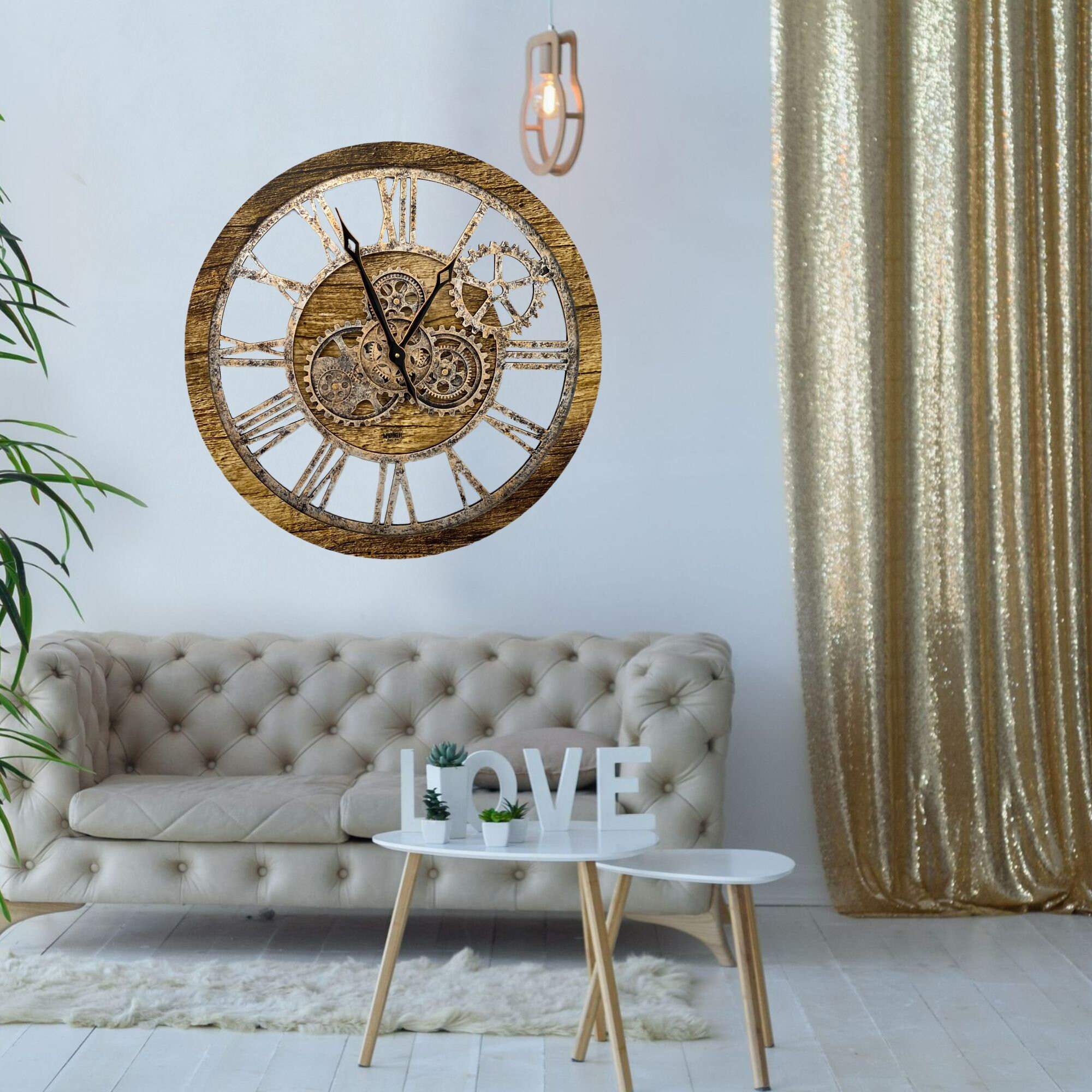 America Line Wall Clock 24 Inches With Real Moving Gears Gold Antique ...