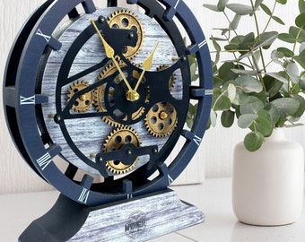 Desk Clock 10 Inches with Real Moving Gear convertible into Wall clock (Hybrid) Silver Grey