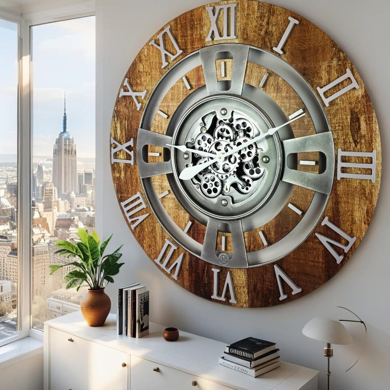 England Line Wall Clock 36 Inches With Real Moving Gears Vintage Brown ...