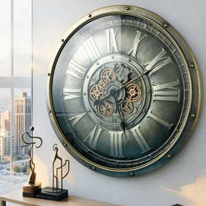 May include: Large, round wall clock with a metallic gray face and gold-colored Roman numerals. The clock features visible gears in the center and a gold-colored rim. The clock is mounted on a white wall.