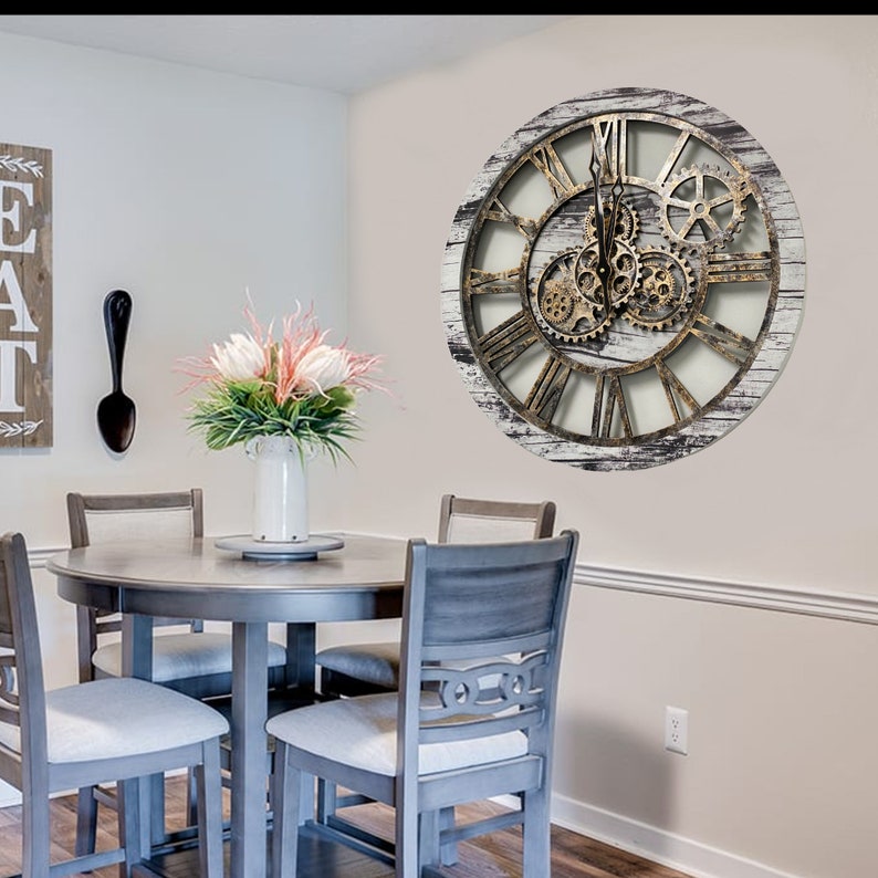 Wall Clock 24 Inches With Real Moving Gears Grey & White Etsy