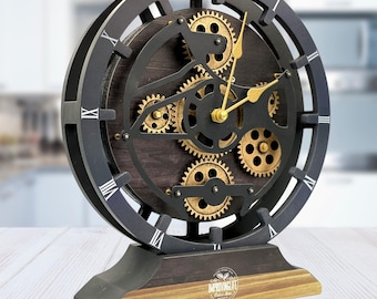 Desk Clock 10 Inches with Real Moving Gear convertible into Wall clock (Hybrid) Vintage Black