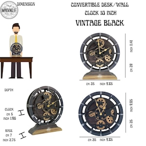 May include: A vintage black clock with a gear design. The clock is 10 inches in diameter and can be used as a desk or wall clock. The clock is made of wood and metal and has a brown and black finish.