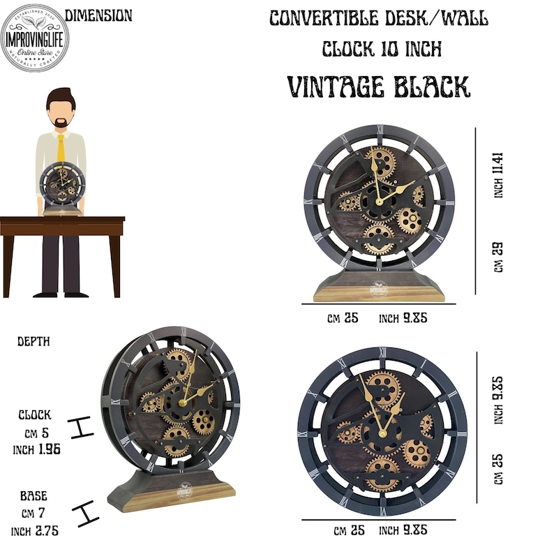 May include: A vintage black clock with a gear design. The clock is 10 inches in diameter and can be used as a desk or wall clock. The clock is made of wood and metal and has a brown and black finish.