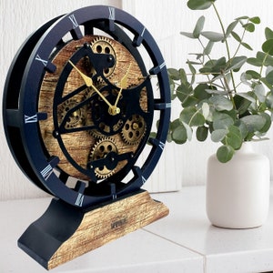 Desk Clock 10 Inches with Real Moving Gear convertible into Wall clock (Hybrid) Vintage Brown