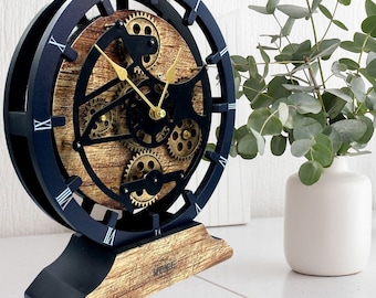 Desk Clock 10 Inches with Real Moving Gear convertible into Wall clock (Hybrid) Vintage Brown