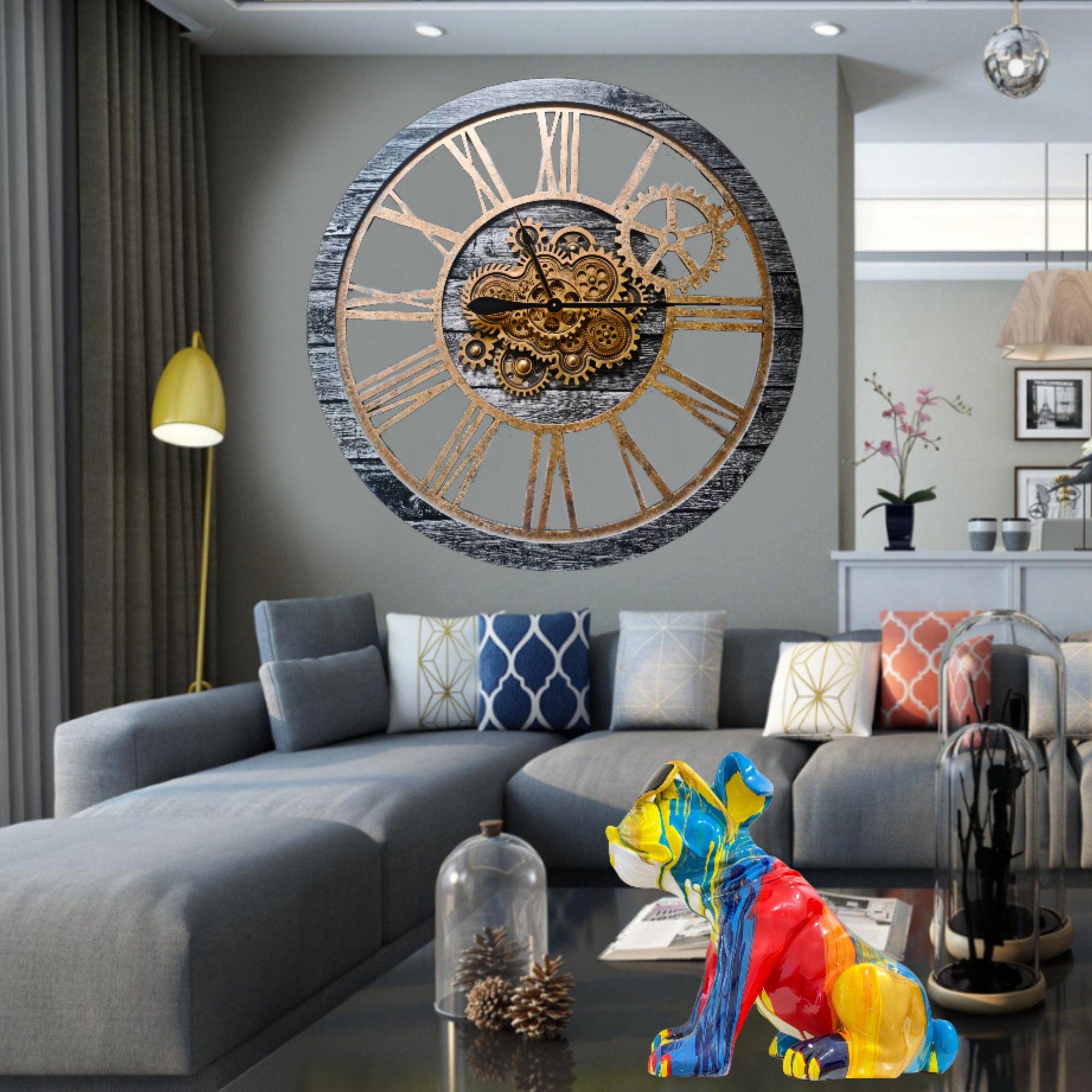 America Line Wall Clock 36 Inches With Real Moving Gears Carbon Grey - Etsy