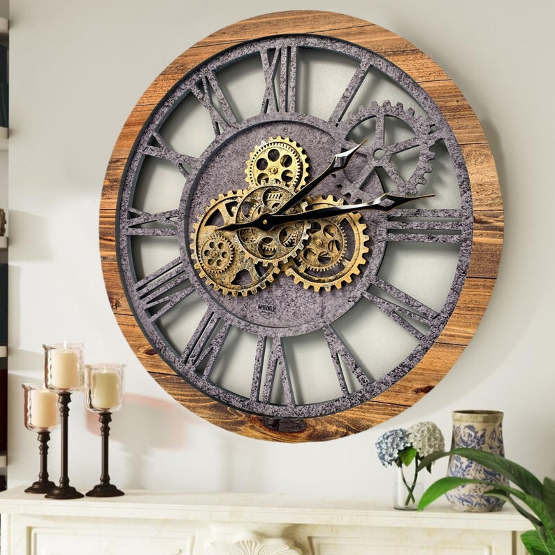 Wall clock 24 inches with real moving gears Wood & Stone image 1