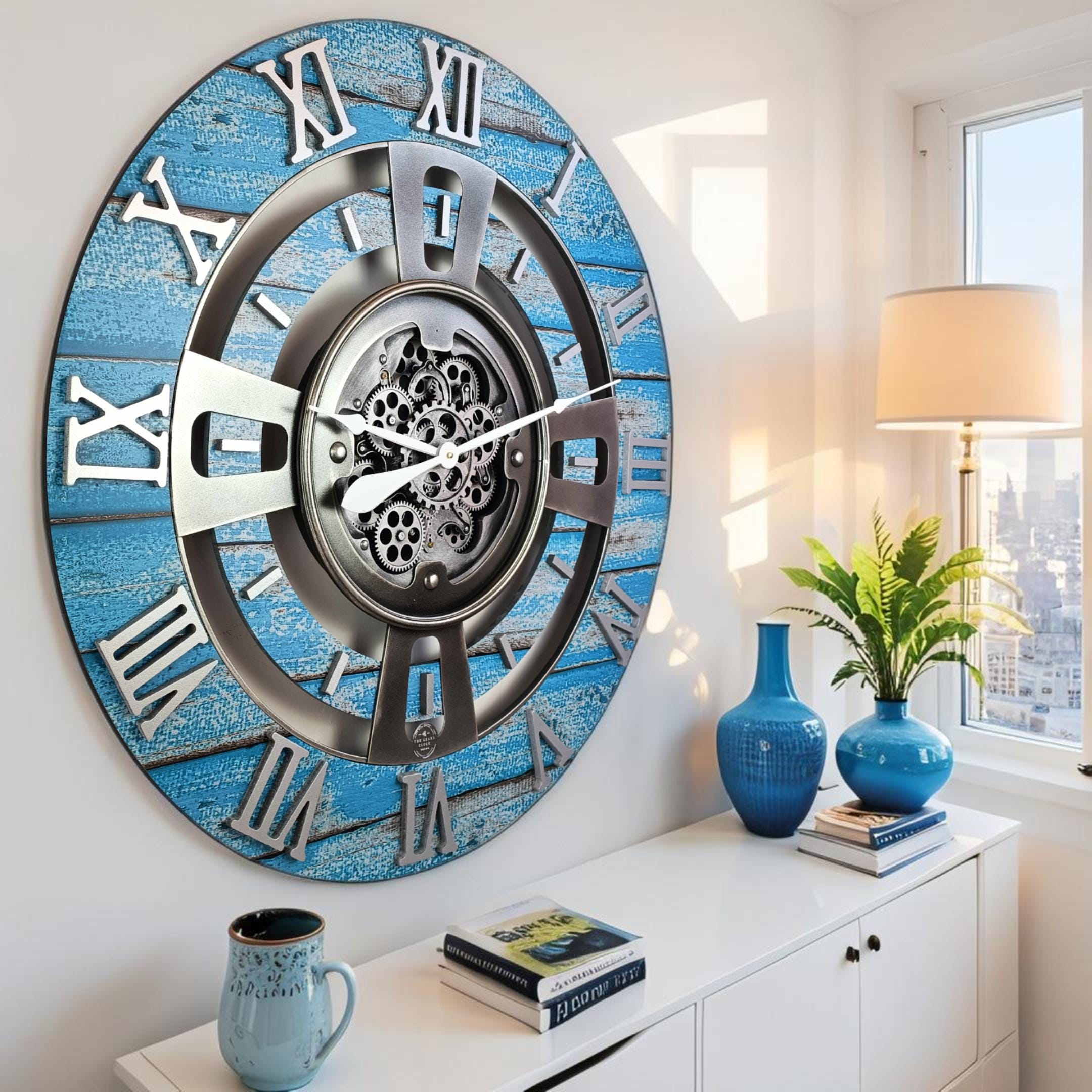 England Line Wall Clock 36 Inches With Real Moving Gears Ocean Blue - Etsy