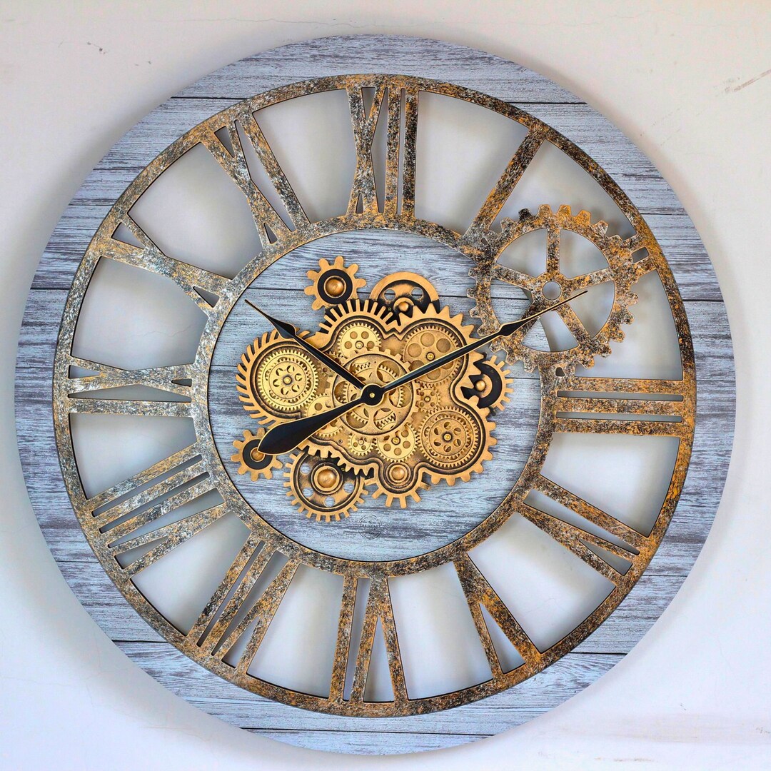 Wall Clock 36 Inches With Real Moving Gears Silver Glamour - Etsy