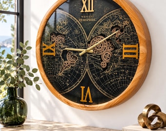 Portugal Line Wall clock 24 inches with real moving gears Wood & Black