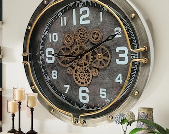Luxembourg Line Wall clock 24 inches with real moving gears Silver Grey