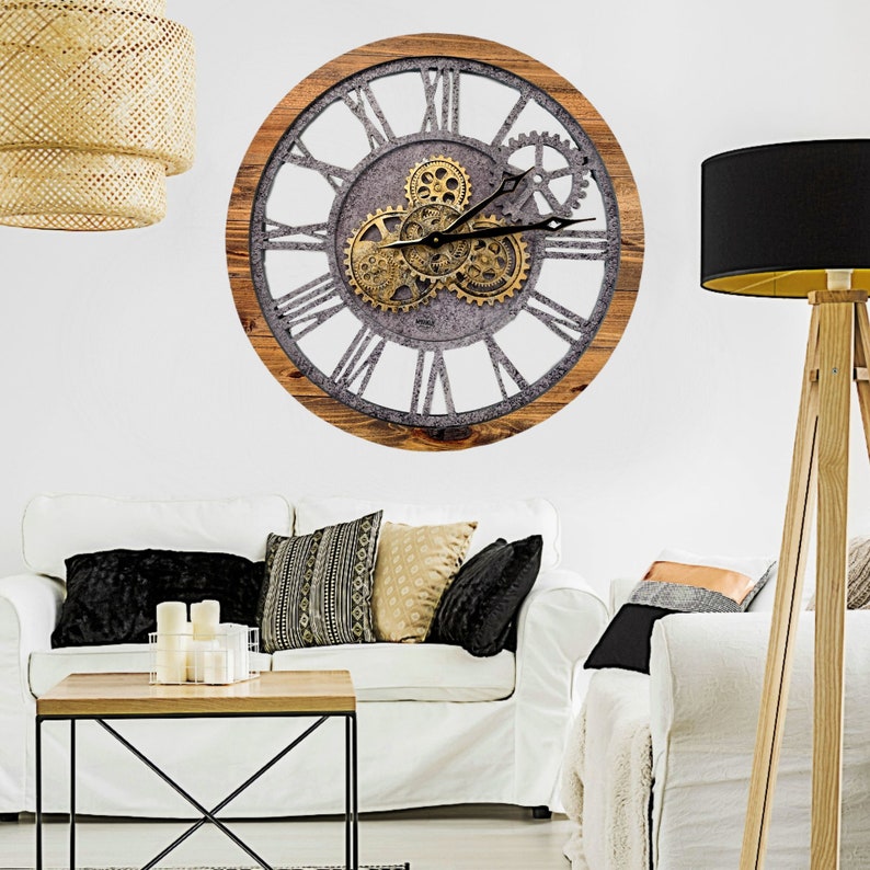 Wall clock 24 inches with real moving gears Wood & Stone image 5