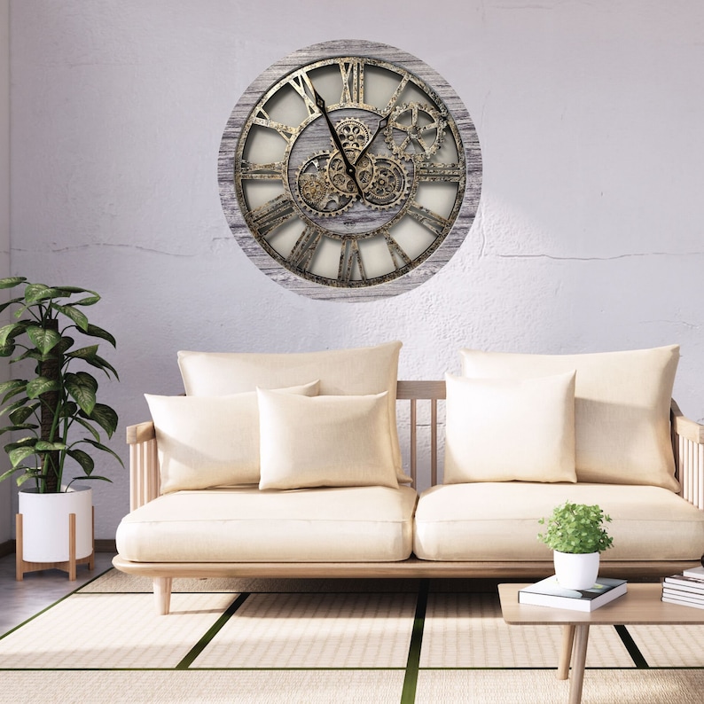 Wall Clock 24 Inches With Real Moving Gears Silver Grey Etsy