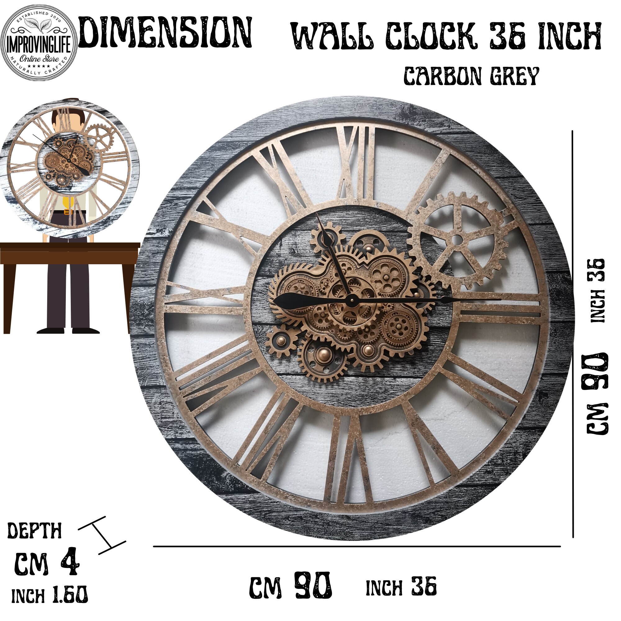 America Line Wall Clock 36 Inches With Real Moving Gears Carbon Grey - Etsy