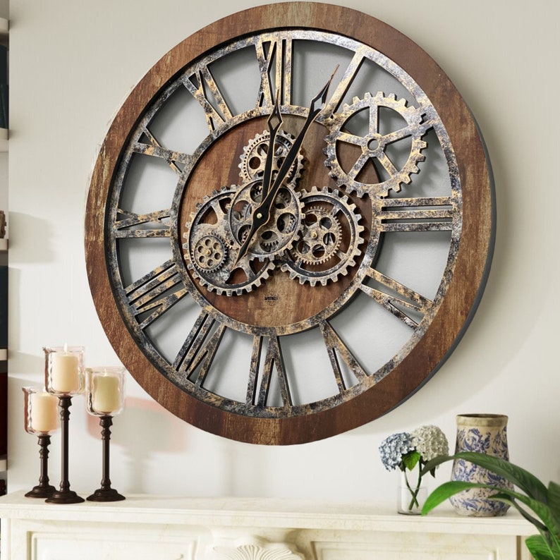 Wall clock 24 inches with real moving gears Vintage Brown zdjęcie 1