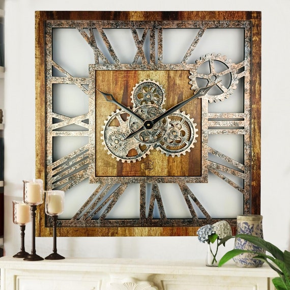 Reloj de pared 24 pulgadas Cuadrado con engranajes moviles reales Vintage Brown Etsy Espana