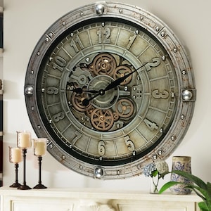 Luxembourg Line Wall clock 27 inches with real moving gears Silver Antique