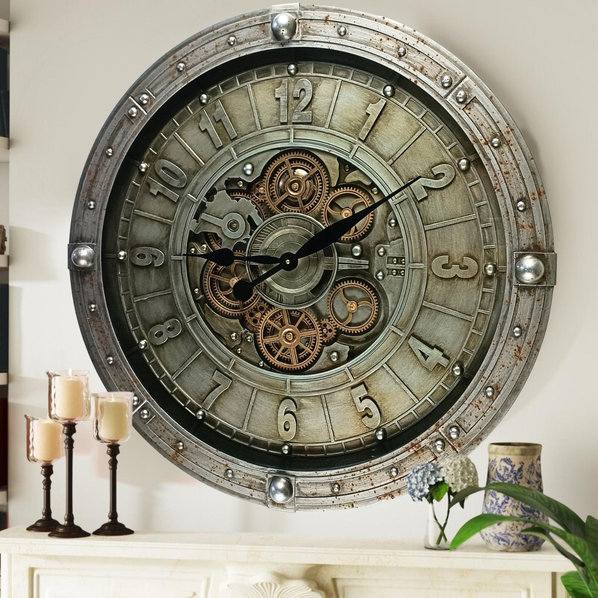 Luxembourg Line Wall Clock 27 Inches With Real Moving Gears Silver