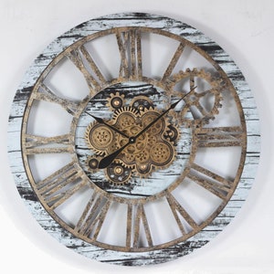 Wall clock 36 inches with real moving gears Grey and White