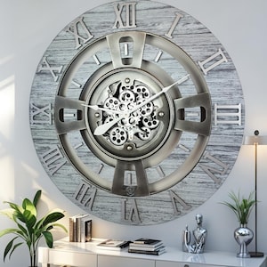 England Line Wall clock 24 inches with real moving gears Silver Grey