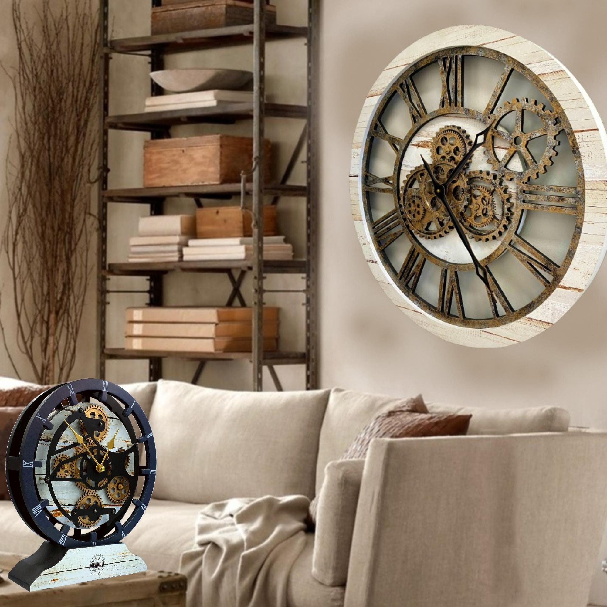 Wall Clock 24 Inches With Real Moving Gears Desert Beige 