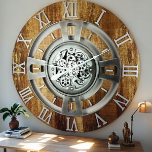 Reloj de pared England Line de 61 cm con engranajes móviles reales. Marrón vintage.