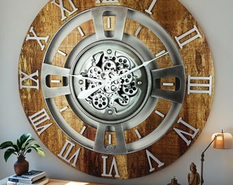 England Line Wall clock 24 inches with real moving gears Vintage Brown