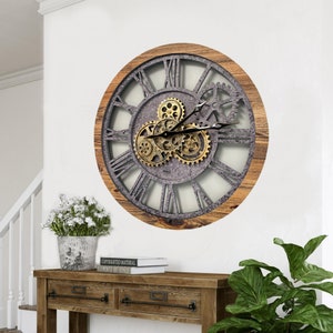 Wall clock 24 inches with real moving gears Wood & Stone image 3