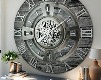 England Line Wall clock 24 inches with real moving gears Carbon Grey