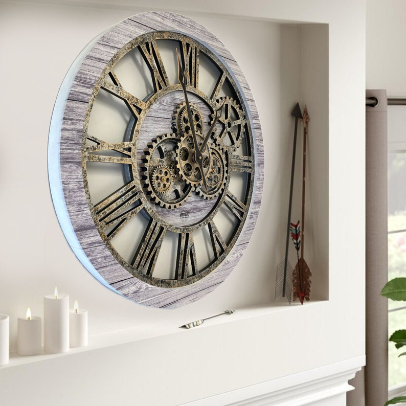Wall Clock 24 Inches With Real Moving Gears Silver Grey Etsy
