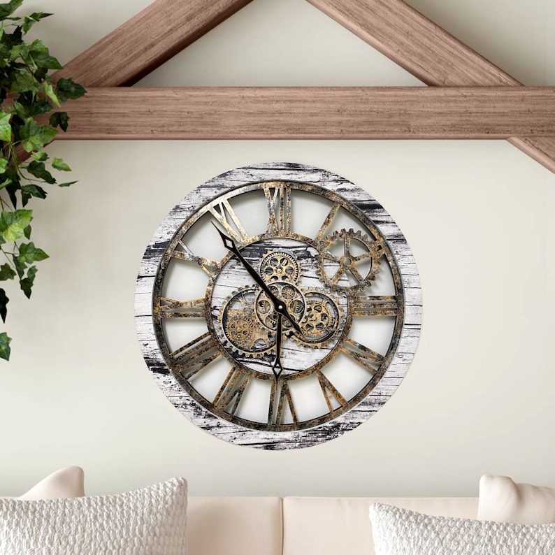 Wall Clock 24 Inches With Real Moving Gears Grey & White Etsy