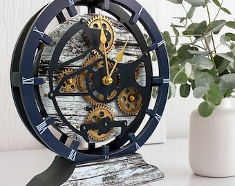 Desk Clock 10 Inches with Real Moving Gear convertible into Wall clock (Hybrid) Grey & White