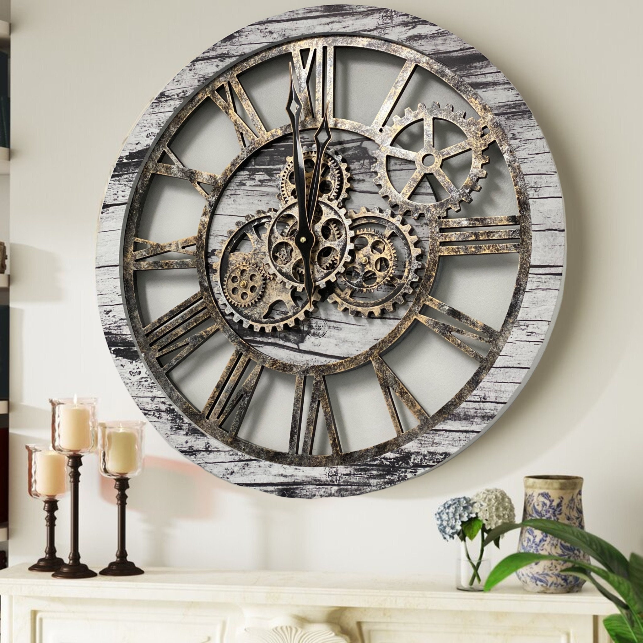 Steampunk Wanduhr Mit Echtem Uhrwerk – 59,5 Cm, Antikgrau, Metall, Quarzwerk