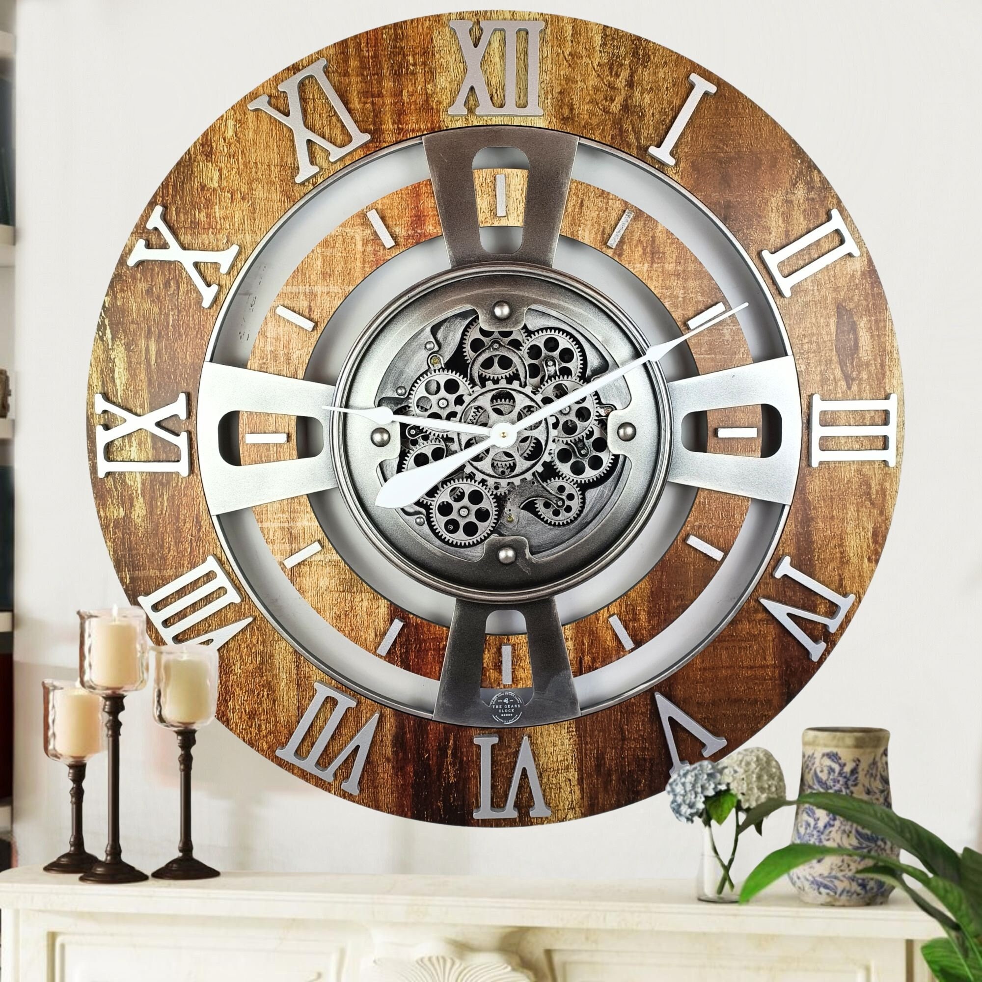 England Line Wall clock 24 inches with real moving gears Vintage Brown