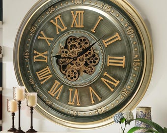 Ireland Line Wall clock 32 inches with real moving gears Brass Antique