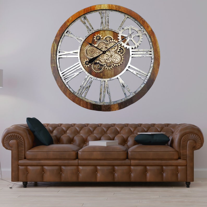 Wall Clock 36 Inches With Real Moving Gears Vintage Brown Etsy