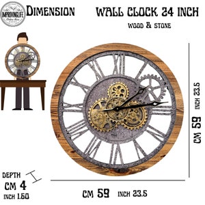 Wall clock 24 inches with real moving gears Wood & Stone image 8