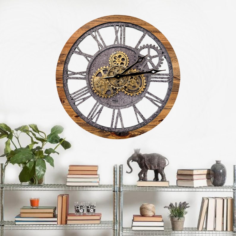 Wall clock 24 inches with real moving gears Wood & Stone image 7