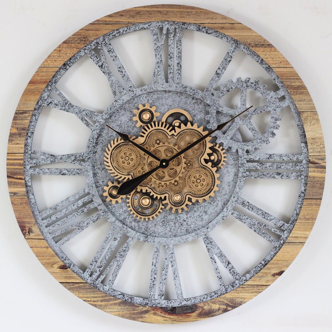 America Line Wall Clock 36 Inches With Real Moving Gears Wood and Stone ...