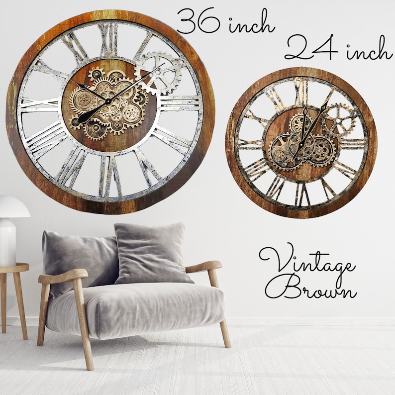 America Line Wall Clock 36 Inches With Real Moving Gears Vintage Brown ...