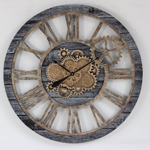 May include: A large, round, gray and brown wall clock with Roman numeral markings and a gear-shaped design in the center.