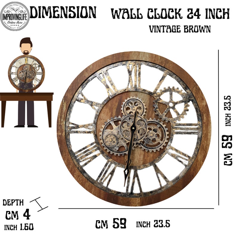 Wall clock 24 inches with real moving gears Vintage Brown zdjęcie 8